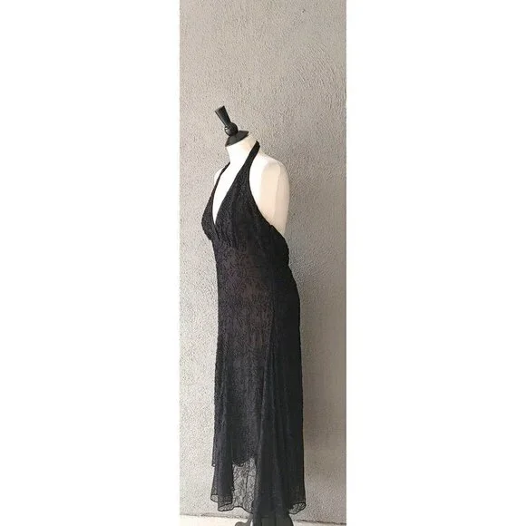 Carmen Marc Valvo Signature Halter Lace Beaded Silk Black Evening Dress Size 12 - Picture 7 of 7